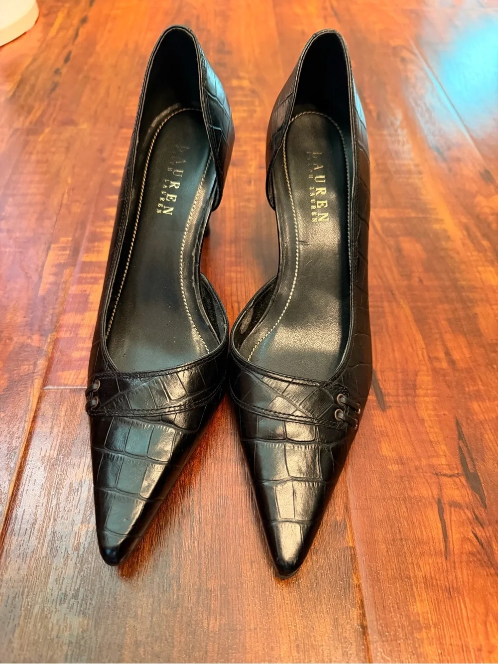 Lauren Ralph Lauren Black Croc-Embossed Pointed Toe Heels